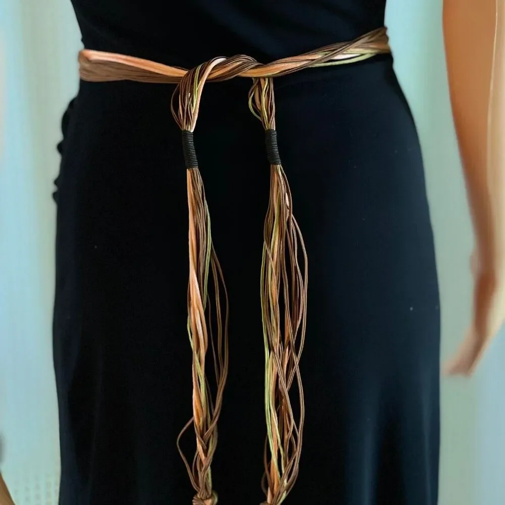 Vintage 90s Woven Rope Belt Brown Cream Orange Knotted Boho Waist‎ Tie Wrap